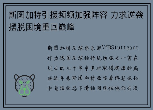 斯图加特引援频频加强阵容 力求逆袭摆脱困境重回巅峰