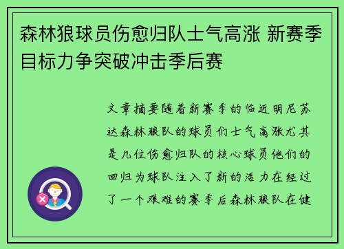 森林狼球员伤愈归队士气高涨 新赛季目标力争突破冲击季后赛
